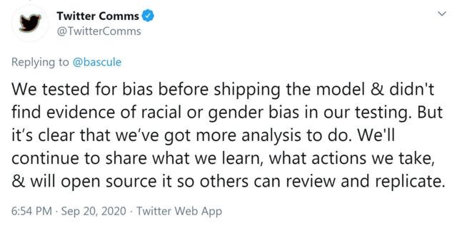 Twitter’s response. Interestingly now the algorithm picks the white space and neither face from the above example!